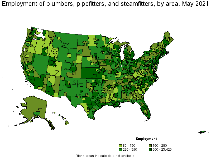 Map of employment of plumbers, pipefitters, and steamfitters by area, May 2021