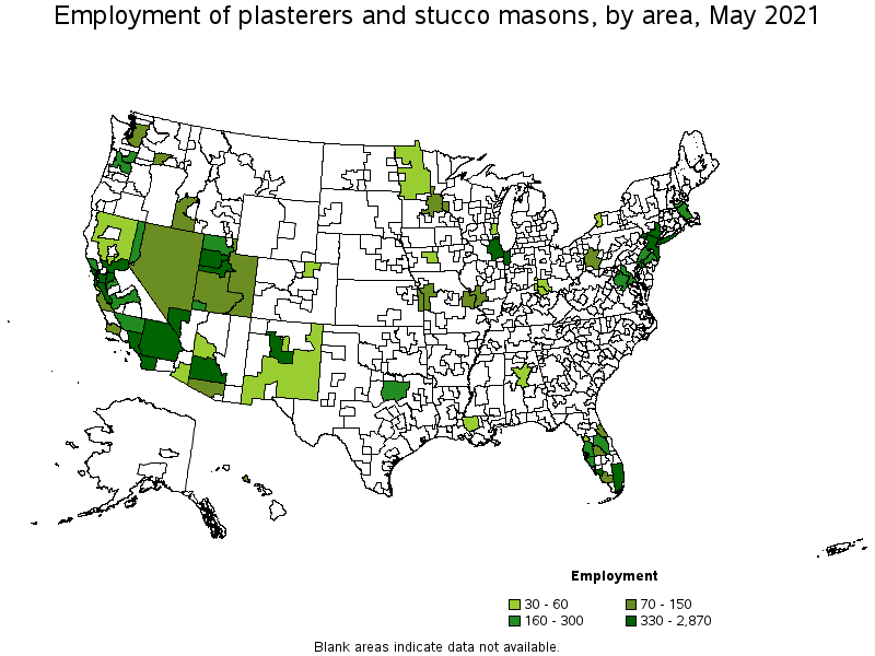 Map of employment of plasterers and stucco masons by area, May 2021