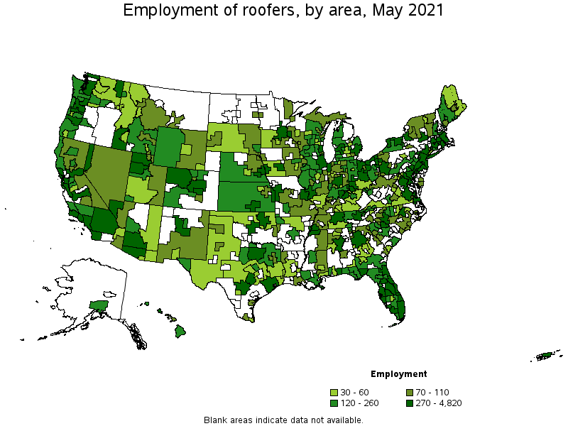 Map of employment of roofers by area, May 2021