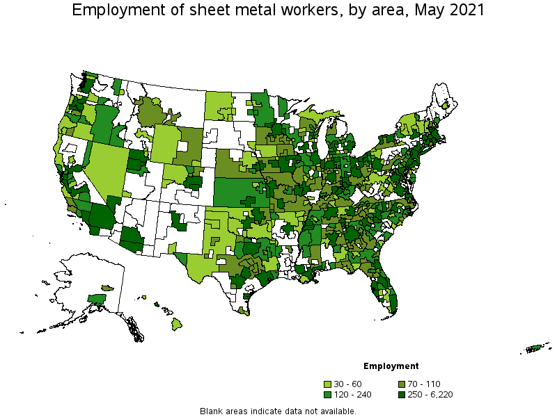 Map of employment of sheet metal workers by area, May 2021