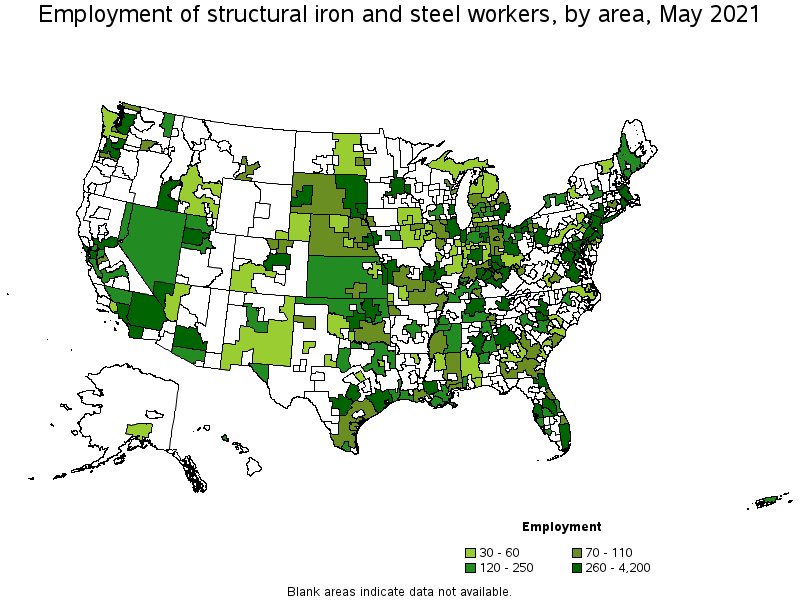 Map of employment of structural iron and steel workers by area, May 2021