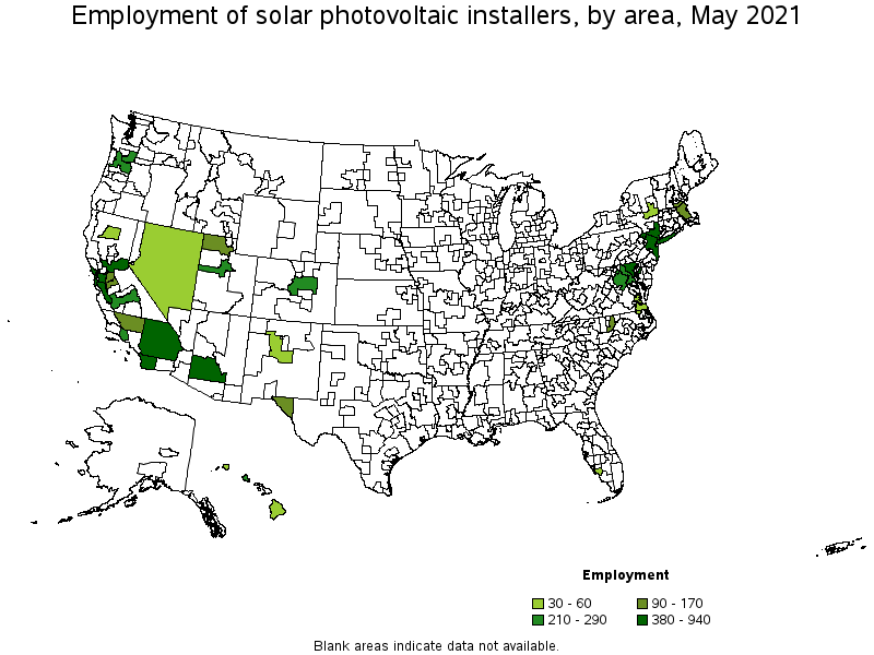 Map of employment of solar photovoltaic installers by area, May 2021