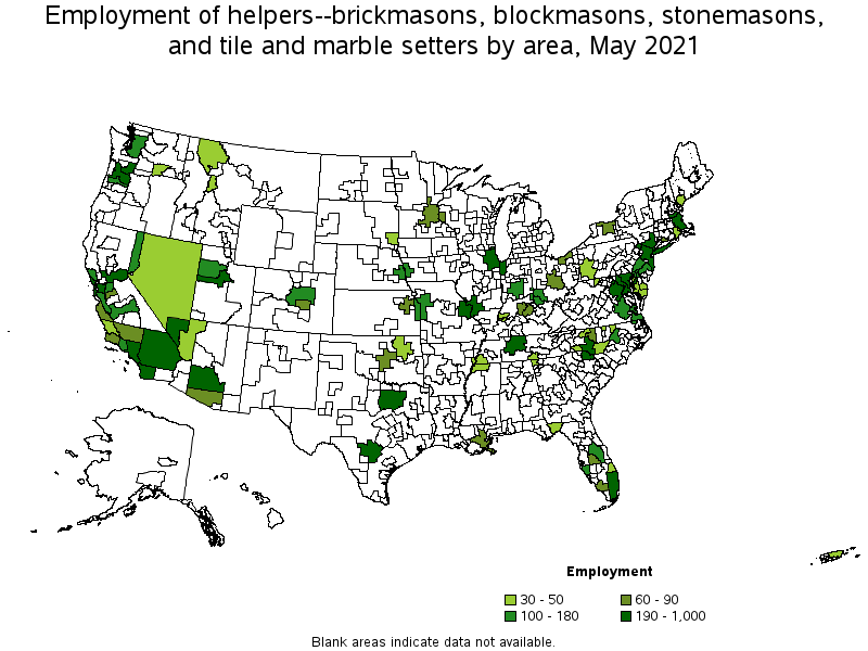 Map of employment of helpers--brickmasons, blockmasons, stonemasons, and tile and marble setters by area, May 2021