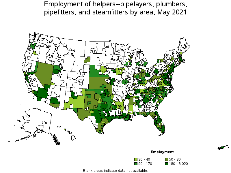 Map of employment of helpers--pipelayers, plumbers, pipefitters, and steamfitters by area, May 2021