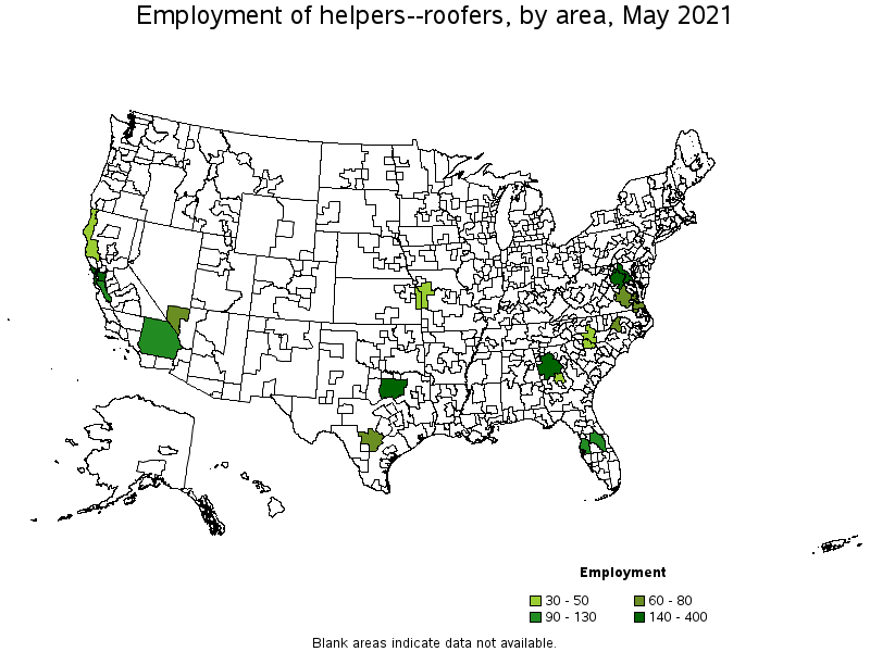 Map of employment of helpers--roofers by area, May 2021