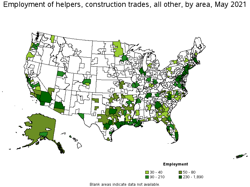 Map of employment of helpers, construction trades, all other by area, May 2021
