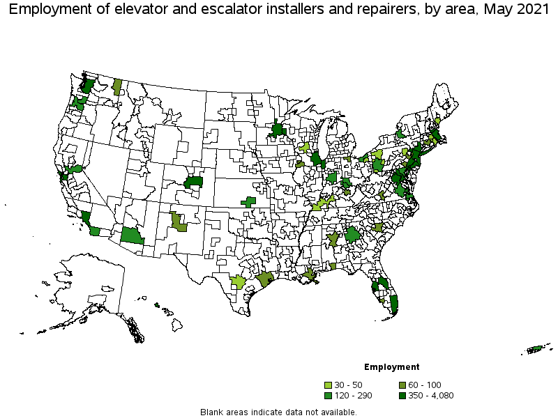 Map of employment of elevator and escalator installers and repairers by area, May 2021