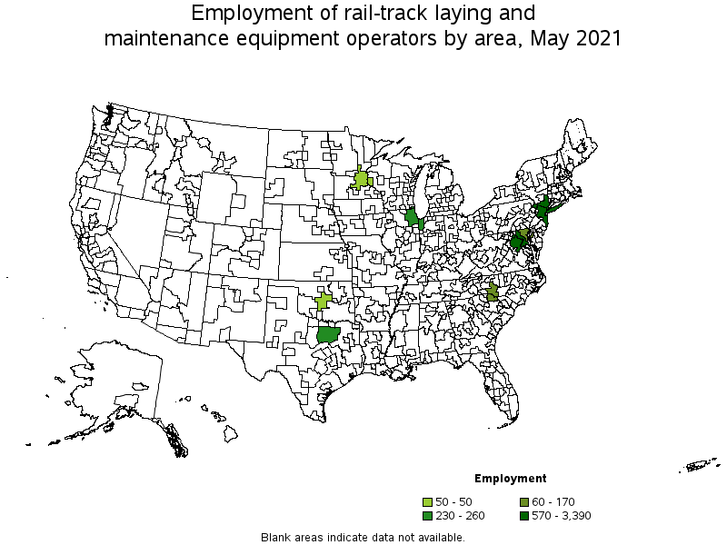 Map of employment of rail-track laying and maintenance equipment operators by area, May 2021