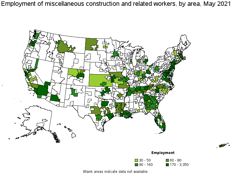 Map of employment of miscellaneous construction and related workers by area, May 2021