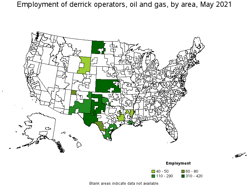 Map of employment of derrick operators, oil and gas by area, May 2021