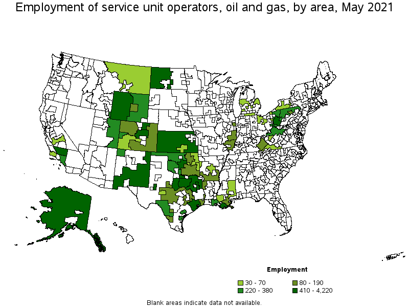 Map of employment of service unit operators, oil and gas by area, May 2021