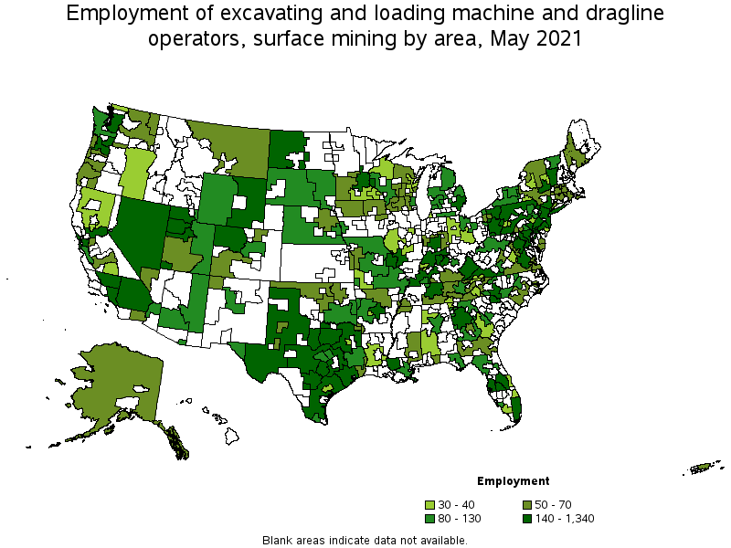 Map of employment of excavating and loading machine and dragline operators, surface mining by area, May 2021
