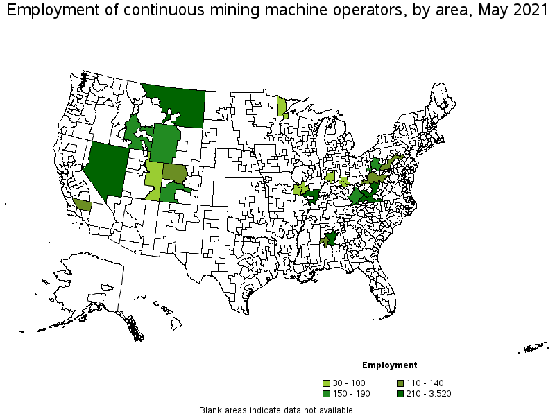 Map of employment of continuous mining machine operators by area, May 2021