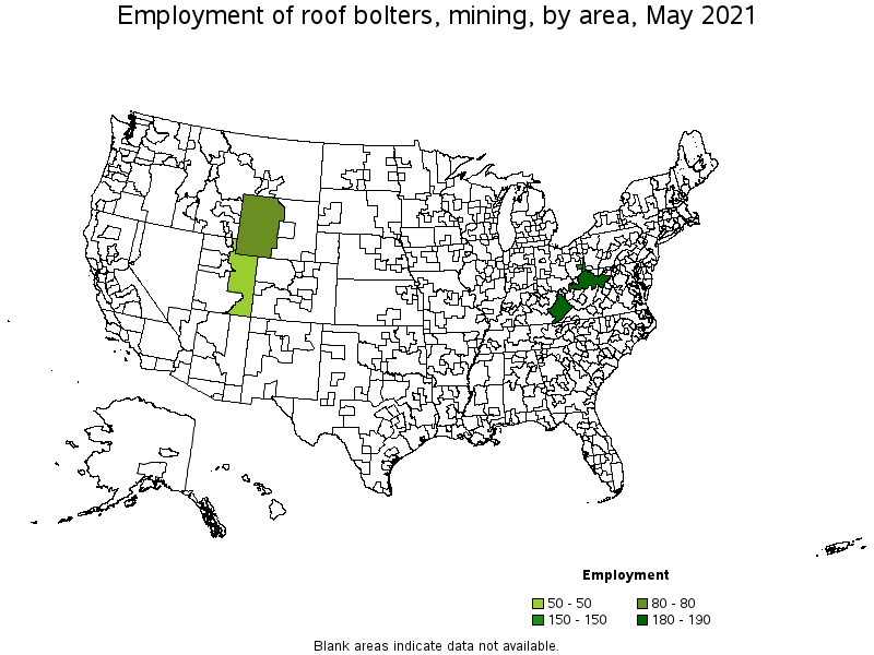 Map of employment of roof bolters, mining by area, May 2021