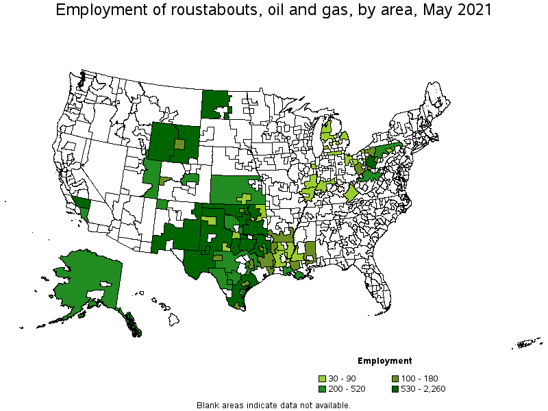 Map of employment of roustabouts, oil and gas by area, May 2021