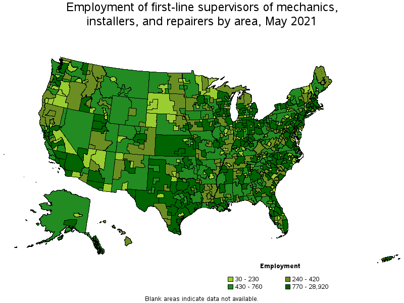 Map of employment of first-line supervisors of mechanics, installers, and repairers by area, May 2021
