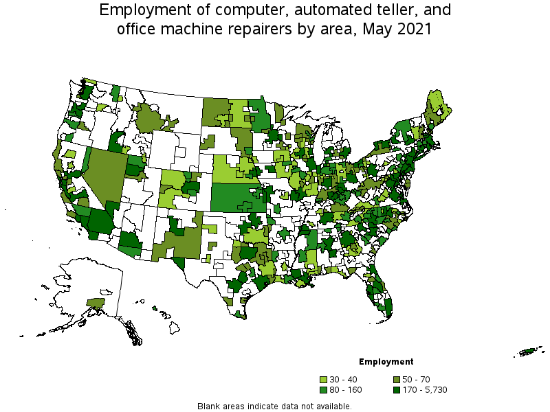 Map of employment of computer, automated teller, and office machine repairers by area, May 2021