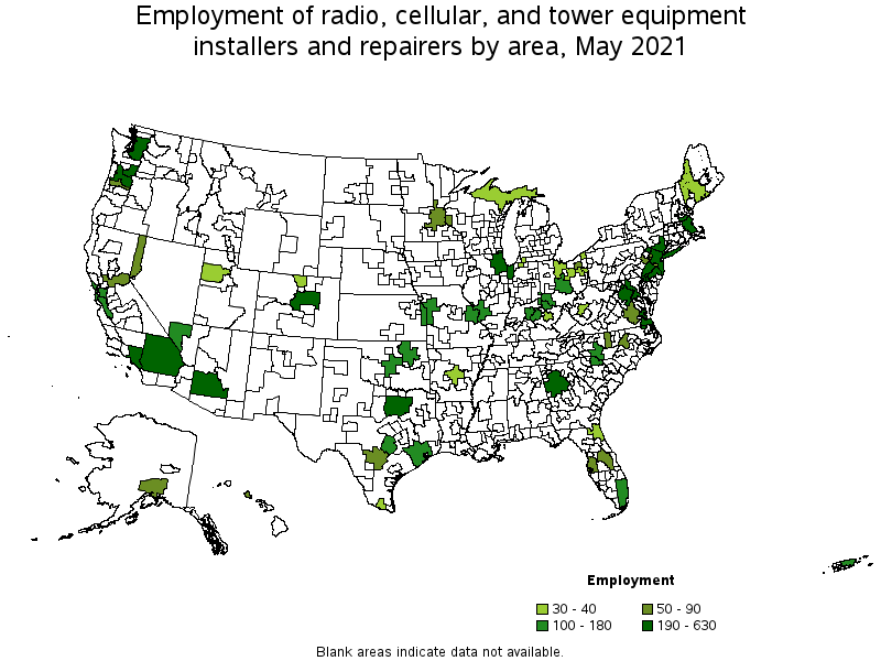 Map of employment of radio, cellular, and tower equipment installers and repairers by area, May 2021