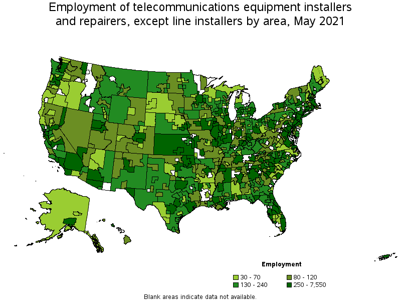 Map of employment of telecommunications equipment installers and repairers, except line installers by area, May 2021