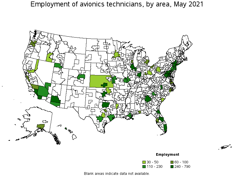 Map of employment of avionics technicians by area, May 2021
