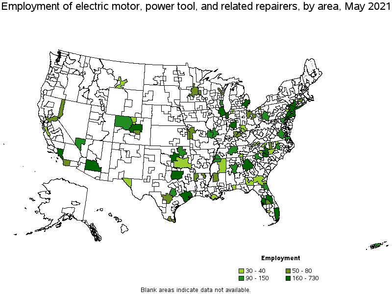 Map of employment of electric motor, power tool, and related repairers by area, May 2021