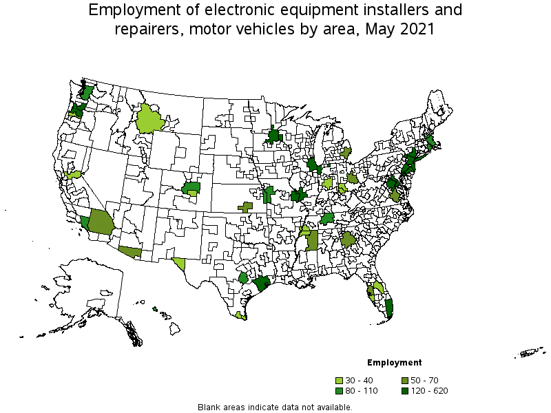 Map of employment of electronic equipment installers and repairers, motor vehicles by area, May 2021