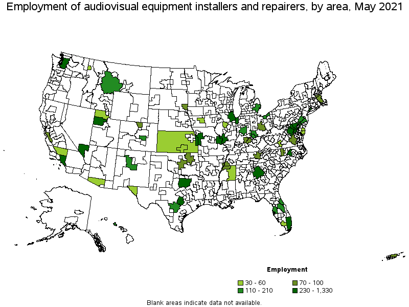 Map of employment of audiovisual equipment installers and repairers by area, May 2021