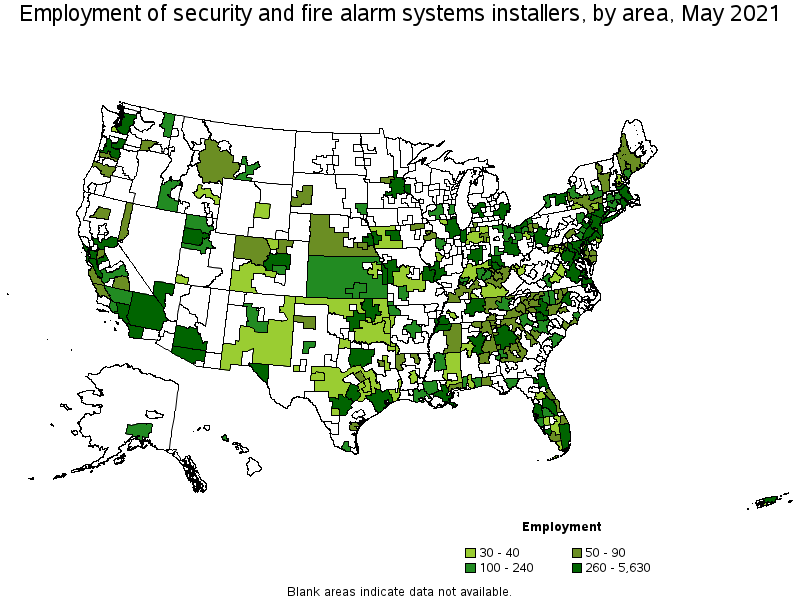 Map of employment of security and fire alarm systems installers by area, May 2021