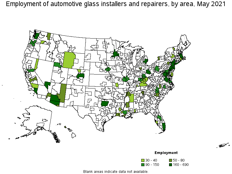 Map of employment of automotive glass installers and repairers by area, May 2021