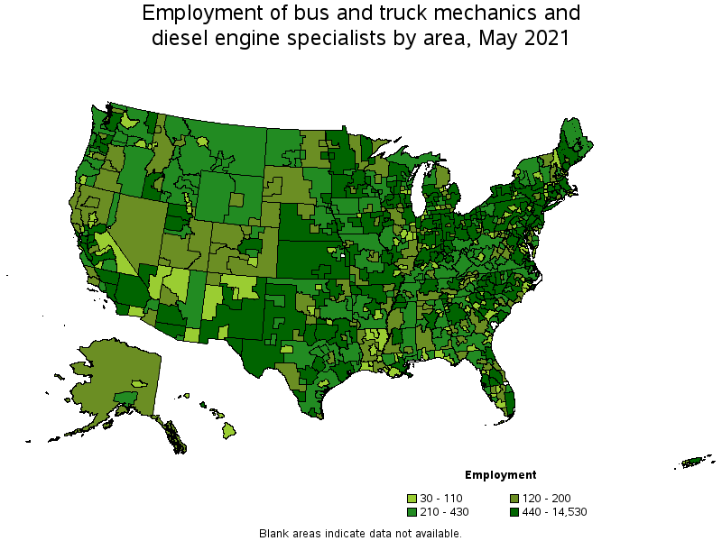 Map of employment of bus and truck mechanics and diesel engine specialists by area, May 2021