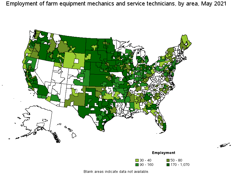 Map of employment of farm equipment mechanics and service technicians by area, May 2021