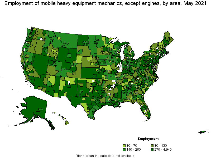 Map of employment of mobile heavy equipment mechanics, except engines by area, May 2021