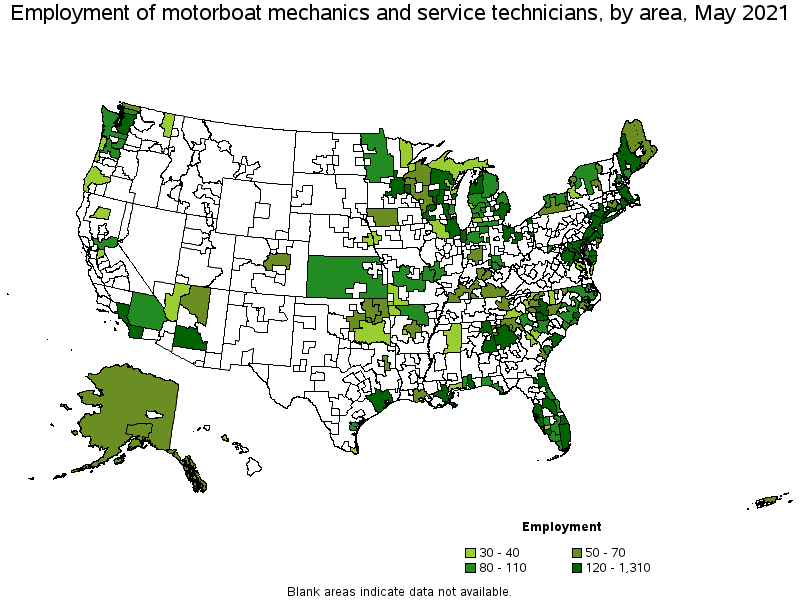 Map of employment of motorboat mechanics and service technicians by area, May 2021