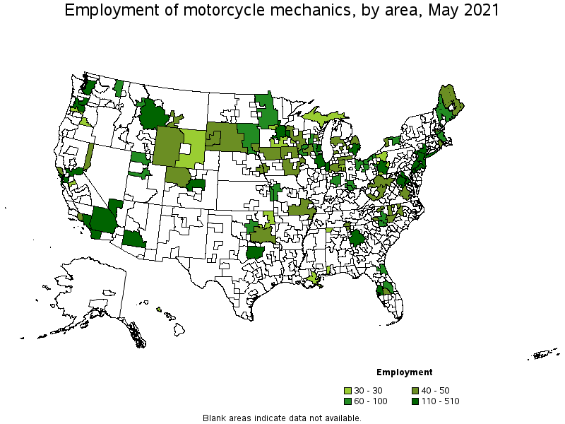 Map of employment of motorcycle mechanics by area, May 2021