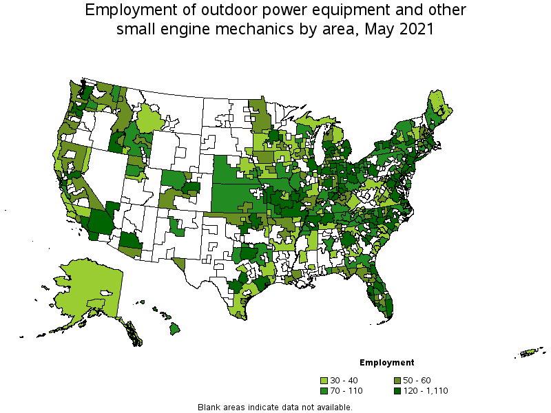 Map of employment of outdoor power equipment and other small engine mechanics by area, May 2021