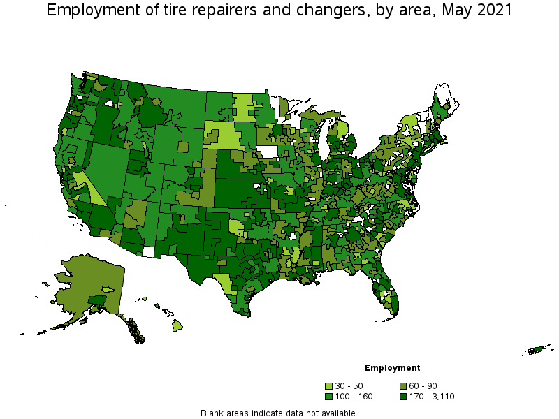Map of employment of tire repairers and changers by area, May 2021