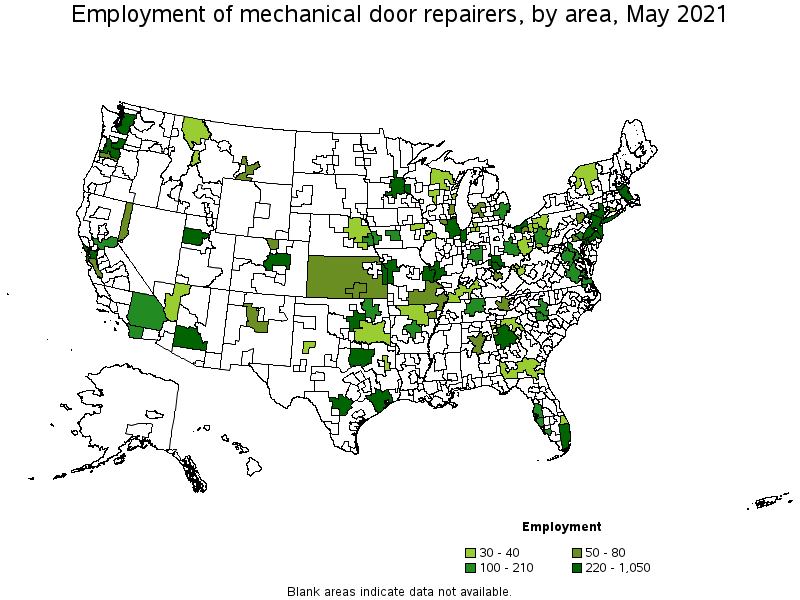 Map of employment of mechanical door repairers by area, May 2021