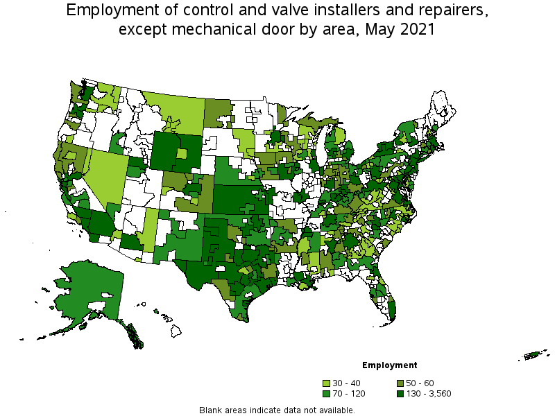 Map of employment of control and valve installers and repairers, except mechanical door by area, May 2021