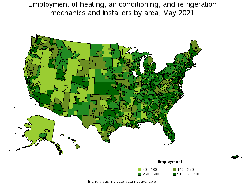 Map of employment of heating, air conditioning, and refrigeration mechanics and installers by area, May 2021