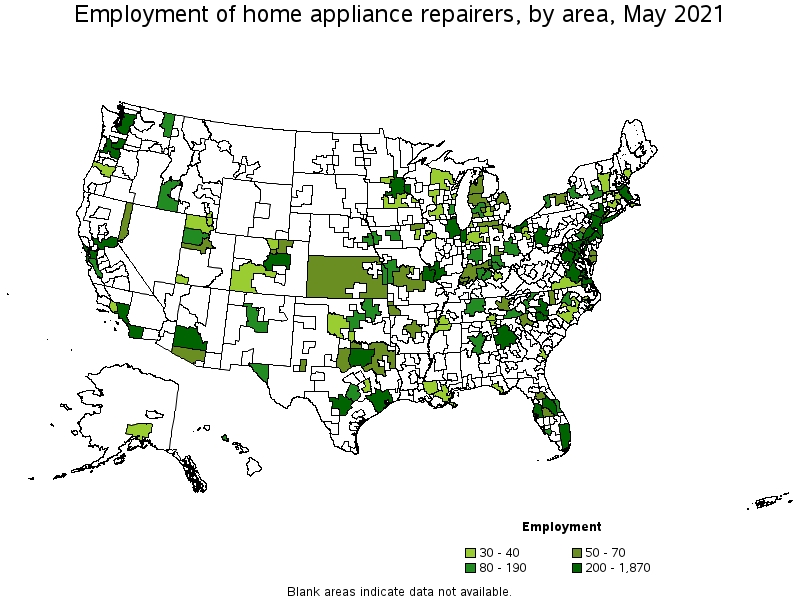 Map of employment of home appliance repairers by area, May 2021