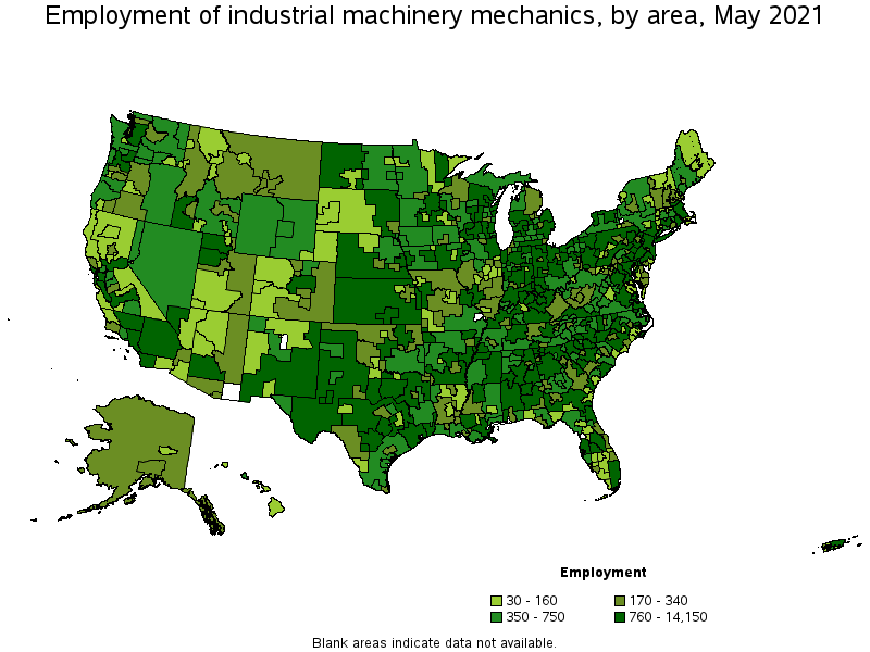 Map of employment of industrial machinery mechanics by area, May 2021