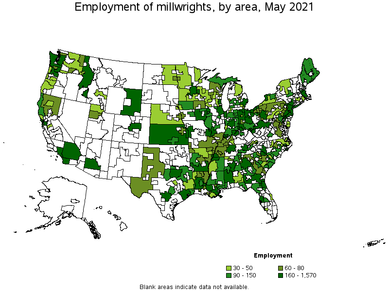 Map of employment of millwrights by area, May 2021