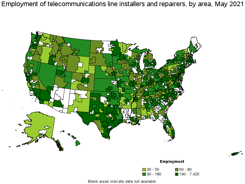 Map of employment of telecommunications line installers and repairers by area, May 2021
