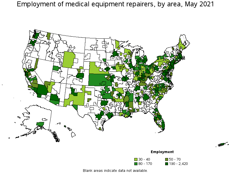 Map of employment of medical equipment repairers by area, May 2021