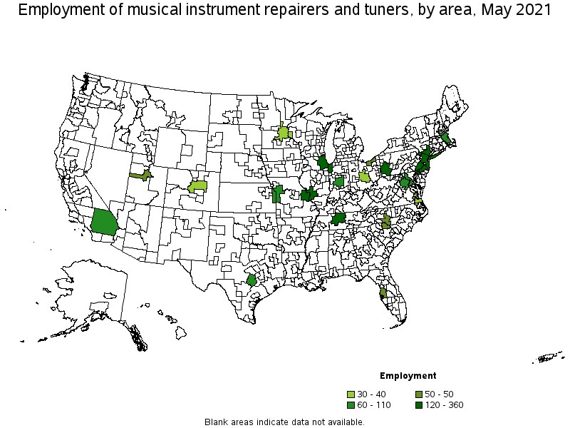 Map of employment of musical instrument repairers and tuners by area, May 2021