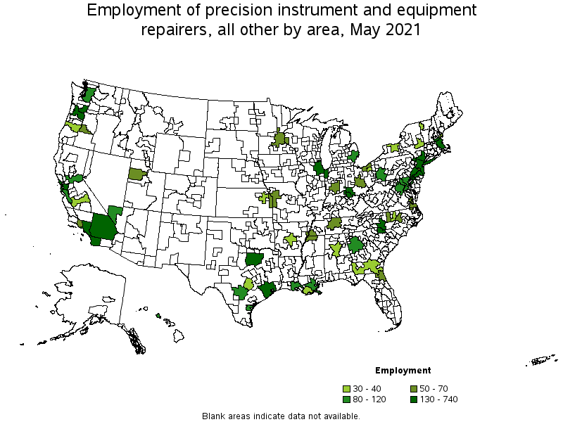 Map of employment of precision instrument and equipment repairers, all other by area, May 2021