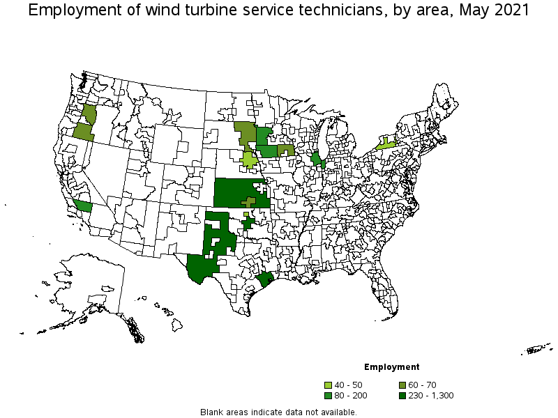 Map of employment of wind turbine service technicians by area, May 2021