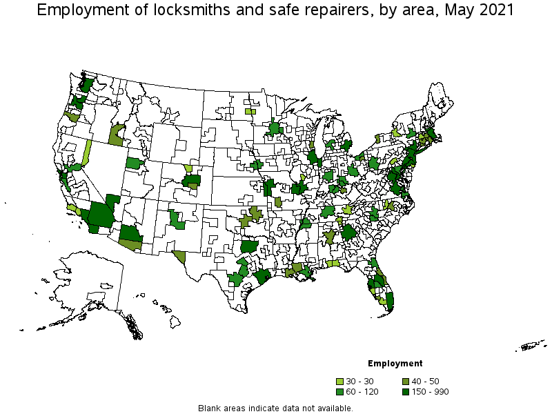 Map of employment of locksmiths and safe repairers by area, May 2021