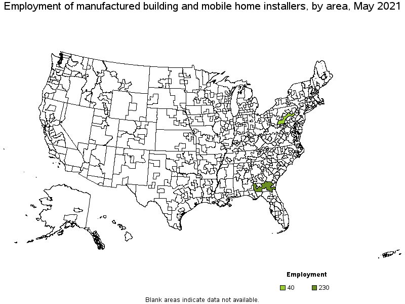 Map of employment of manufactured building and mobile home installers by area, May 2021