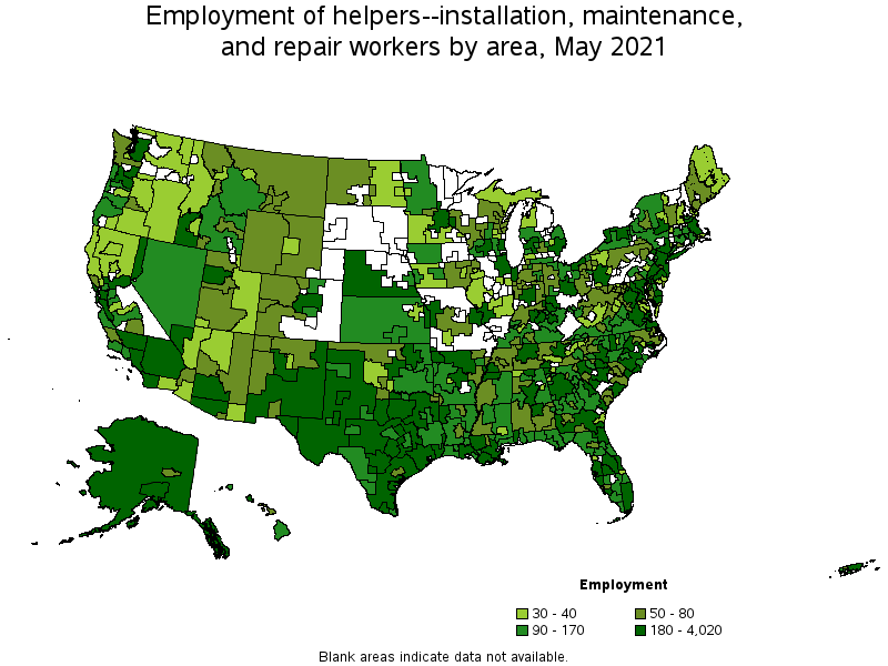 Map of employment of helpers--installation, maintenance, and repair workers by area, May 2021